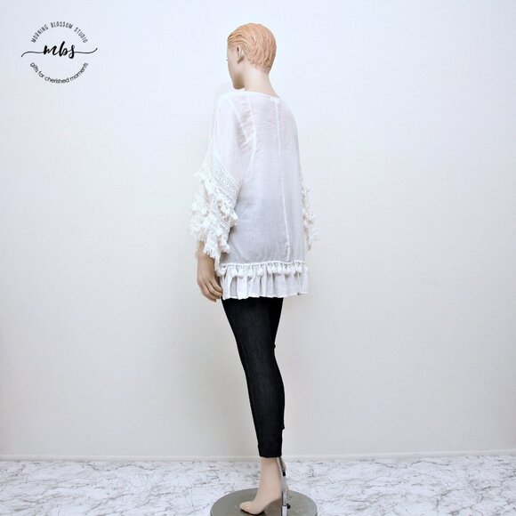 Lara Ethnics Boho Crochet Short Fringe Square Neck Blouse - Picture 3 of 11